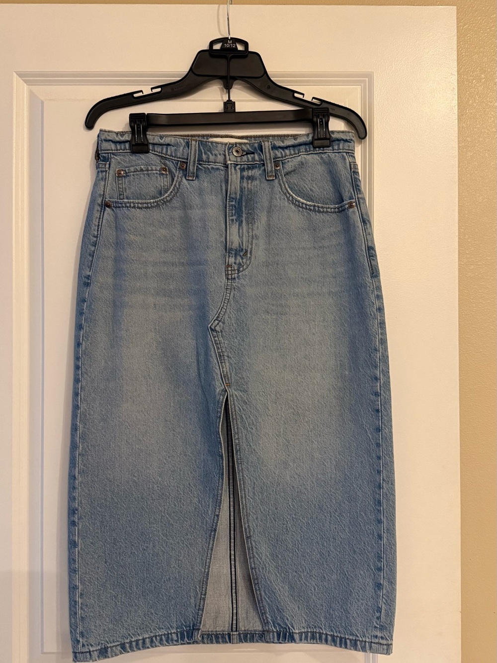 Abercrombie & Fitch Light Blue High-Rise Denim Midi Skirt with Front Slit